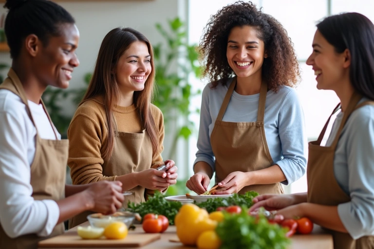 A diverse group of people engaged in a healthy cooking class, smiling and learning together.