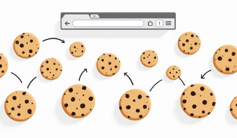Illustration of multiple cookies, some labeled 'first-party' and others 'third-party', flowing into a browser