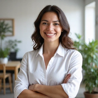 A professional and friendly nutritionist, smiling confidently, in a bright, clean office setting.