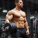 An athlete lifting weights with a determined expression, symbolizing muscle gain and sports nutrition.