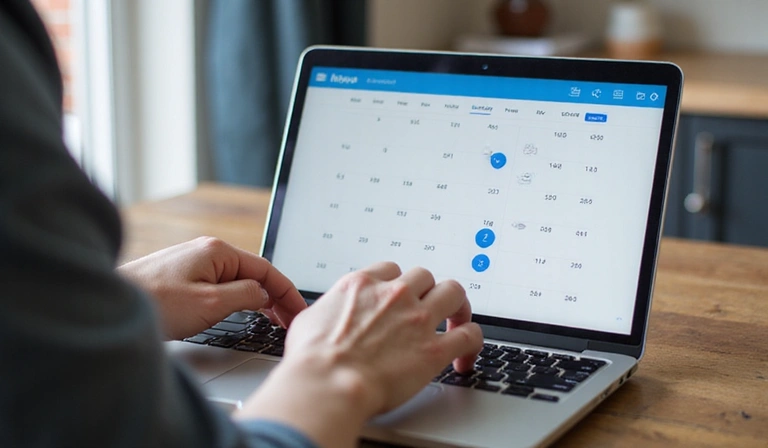 A person looking at a calendar and scheduling an appointment on a laptop, symbolizing online booking convenience.
