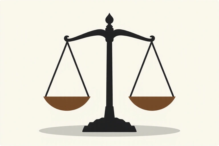 Abstract illustration of legal scales balanced, representing justice and liability. 